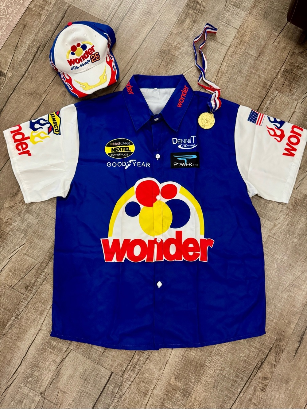Talladega Nights Ricky Bobby Wonder Bread Costume Shirt Hat Medal Mens Medium